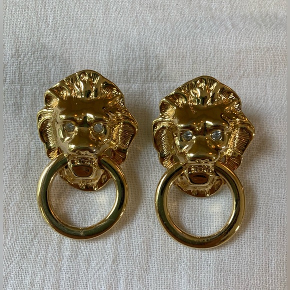 KJL for Avon Kenneth Jay Lane Vintage Lion Door Knocker Statement Earrings - Picture 5 of 7